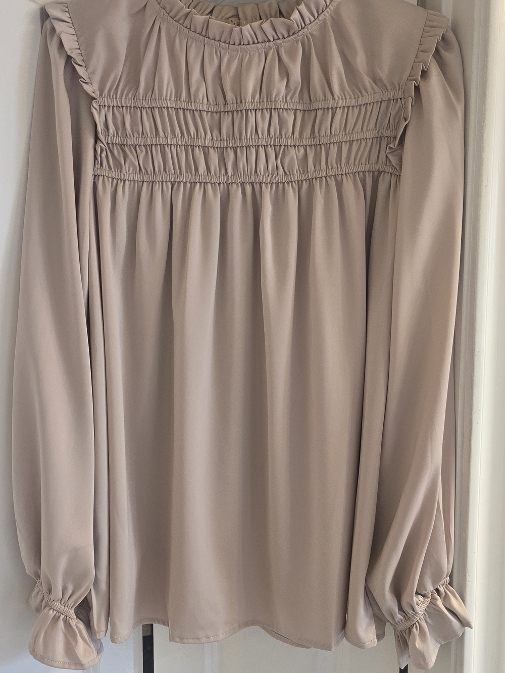 Smocked Yoke Ruffle Blouse in Taupe